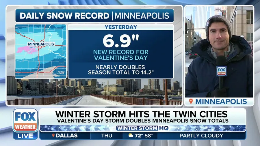 Minneapolis picks up record snowfall on Valentine's Day