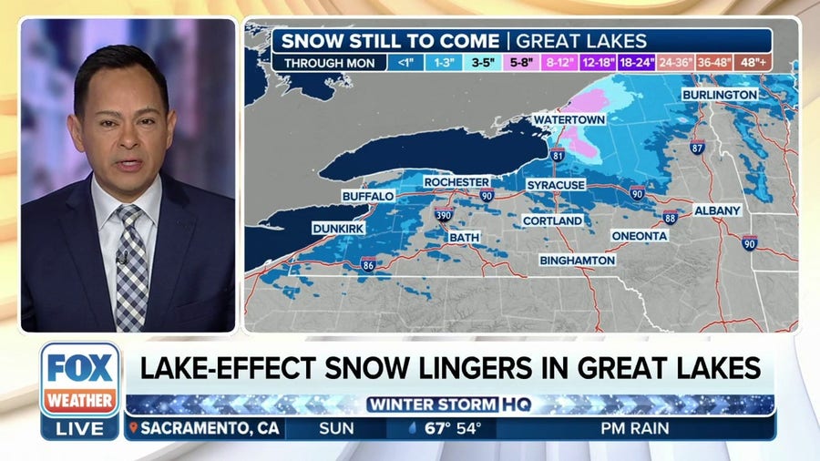 Lake-effect snow lingers in eastern Great Lakes on Sunday