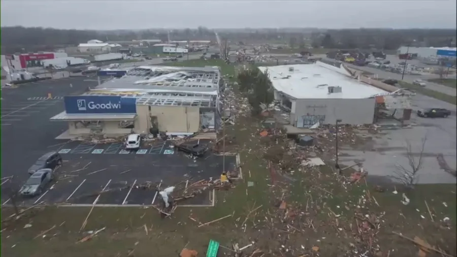 Drone video shows extensive damage to businesses in Indiana after tornado