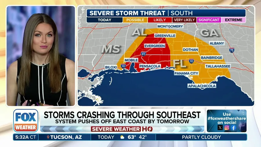 Severe weather threatens millions in Southeast, Midwest
