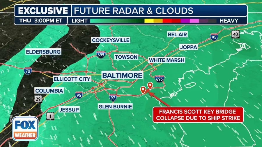 Watch: Exclusive FOX Model Futuretrack shows rain impacting Baltimore bridge collapse location