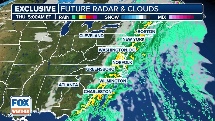 Watch: Exclusive FOX Model Futuretrack shows storm system bringing rain to I-95 corridor on East Coast