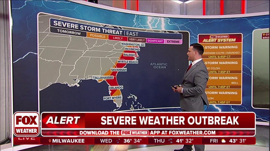 Severe weather threat exists along Eastern Seaboard on Wednesday
