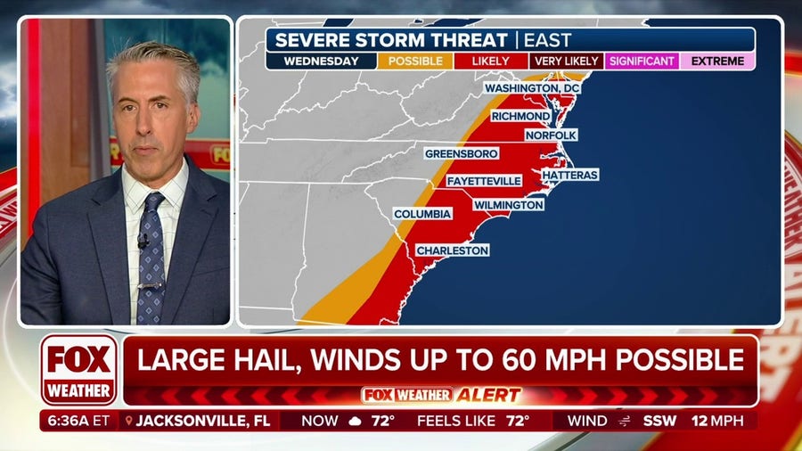 Severe storms threaten from mid-Atlantic to Florida on Wednesday