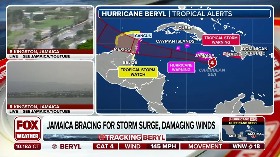 Tropical storm conditions now being felt in Jamaica as Hurricane Beryl continues to advance