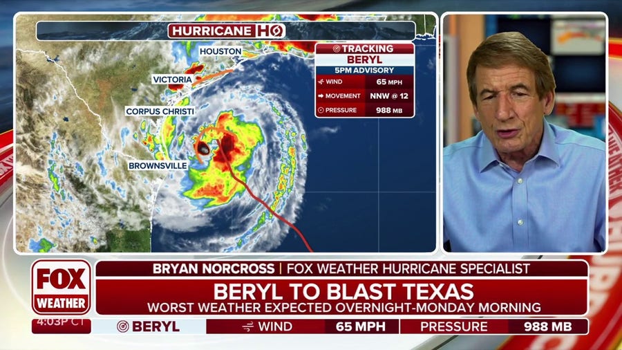 Beryl continues charging toward the Texas coast