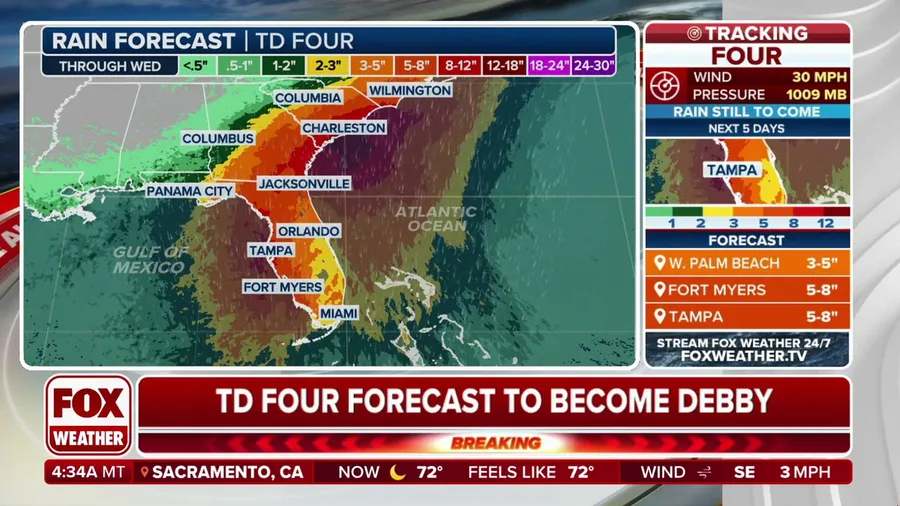 Hurricane Watch issued in Florida as Tropical Depression 4 is expected to strengthen into Debby