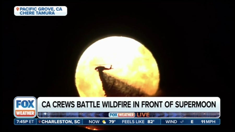 Images of crews battling California wildfire captured in front of supermoon