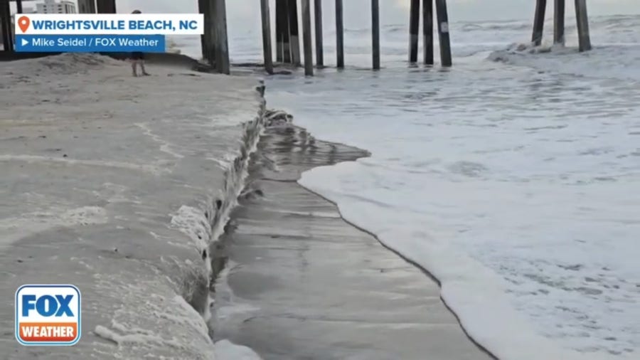 Severe beach erosion evident in Wrightsville Beach, North Carolina following Monday's storms