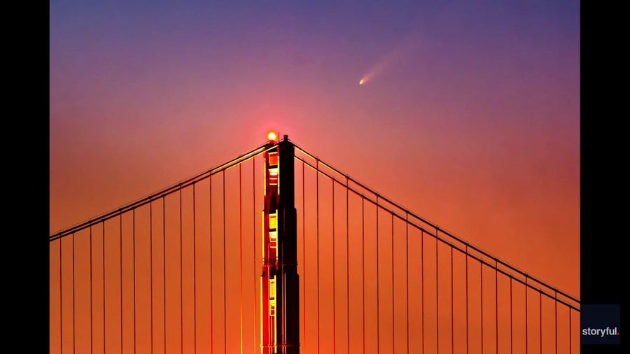 Comet Tsuchinshan–ATLAS zooms over Golden Gate Bridge at Sunrise