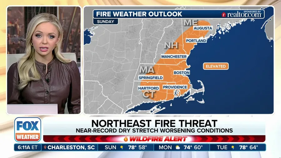 Northeast wildfire threat shifts to New England on Sunday