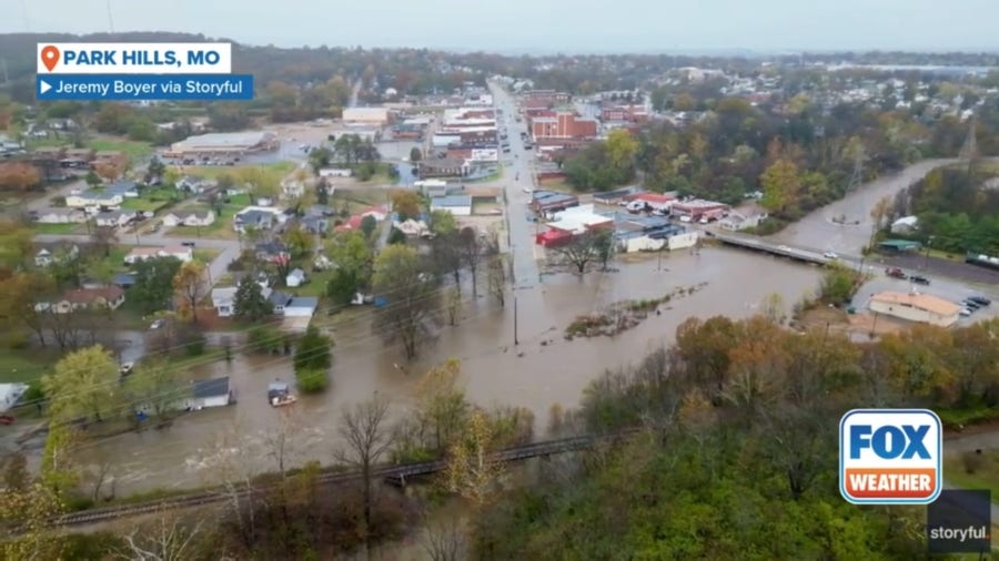 Drone video shows flash flooding inundate Missouri town