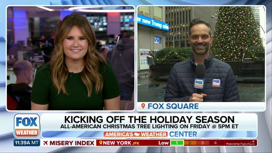 FOX Weather's Nick Kosir answers weather questions from New Yorkers in front of the All-American Christmas Tree