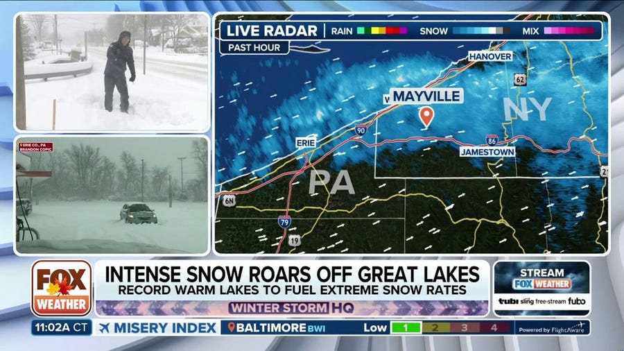 Snow starting to pile up along Lake Erie in Western New York and Pennsylvania