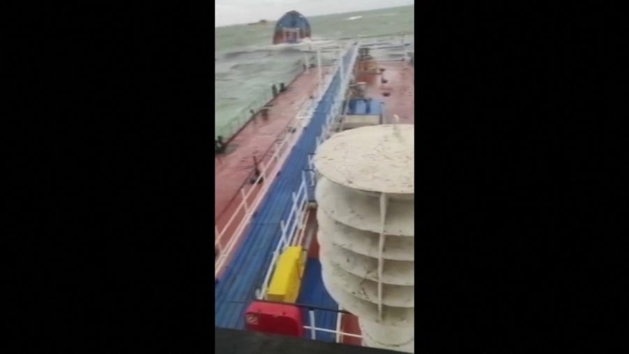 Two Russian oil tankers heavily damaged by storm, spill oil into Kerch Strait