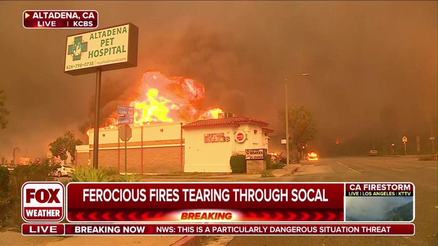 Ball of flames erupt from business as Eaton Wildfire tears through Altadena