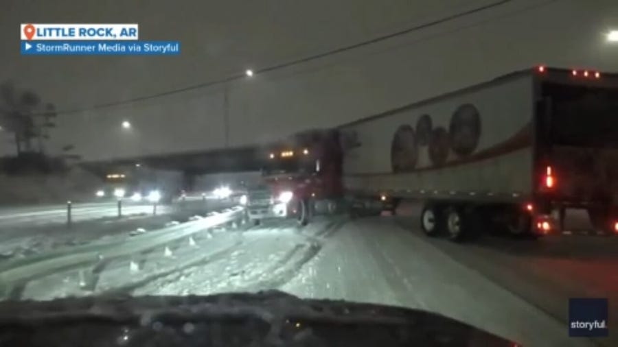 Semi jackknifes along icy Little Rock interstate as winter storm rages