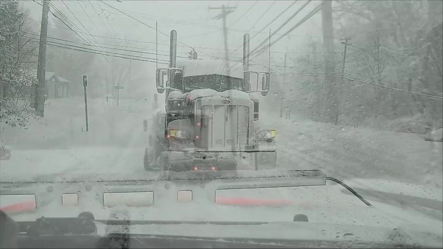 Exclusive FOX Weather Storm Tracker Corey Gerken rescues semi-truck stuck in snow near Irving, NY