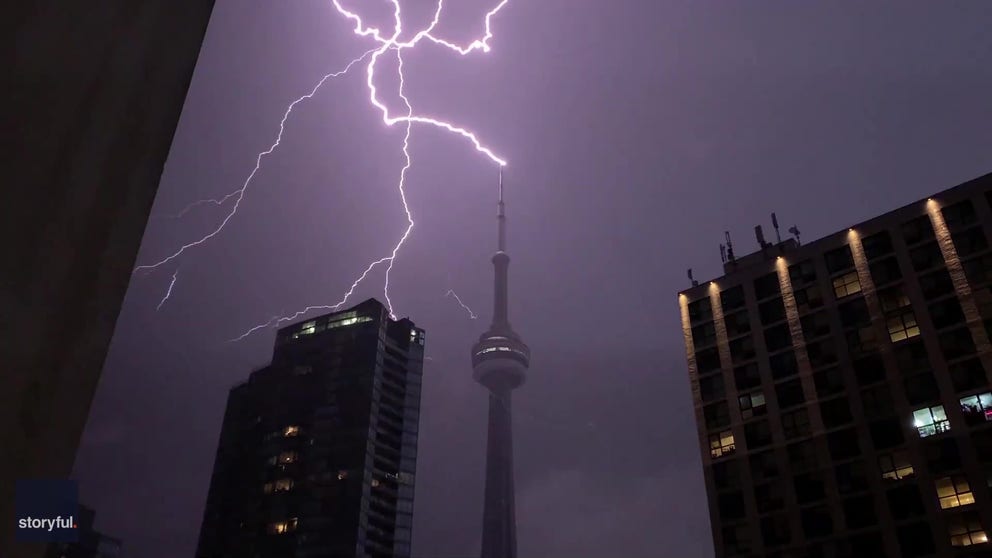 Six different lightning strikes were caught on video striking Toronto's CN Tower on Sept. 14. (Courtesy: Dilshad Burman / Storyful)