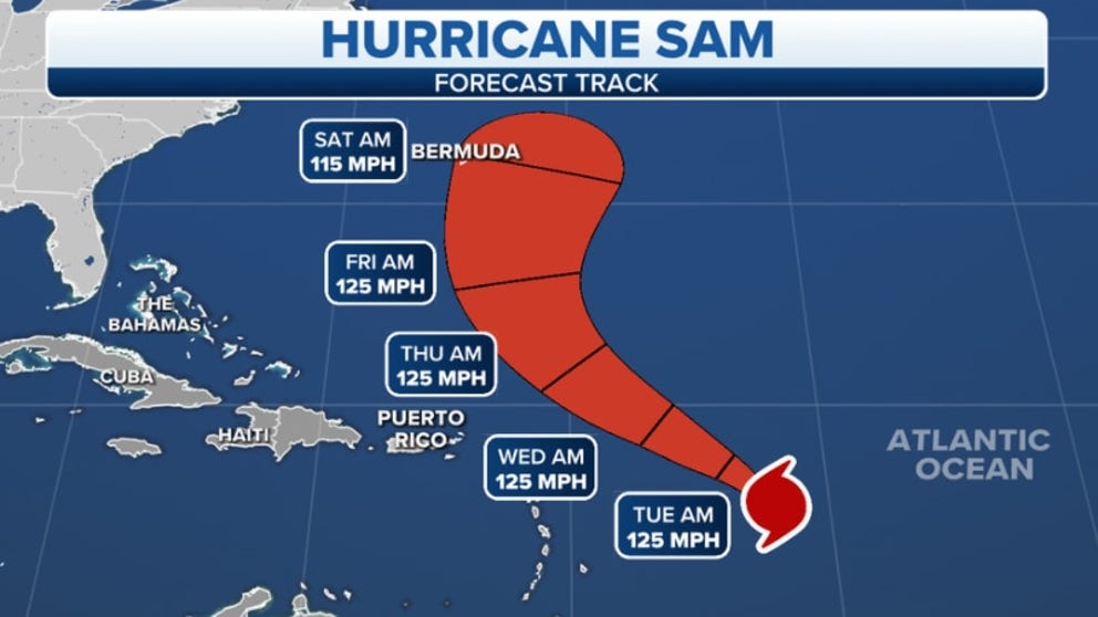Hurricane Sam is churning through the tropical Atlantic Ocean as a Category 3 hurricane and will curl northwestward before reaching the Leeward Islands. 