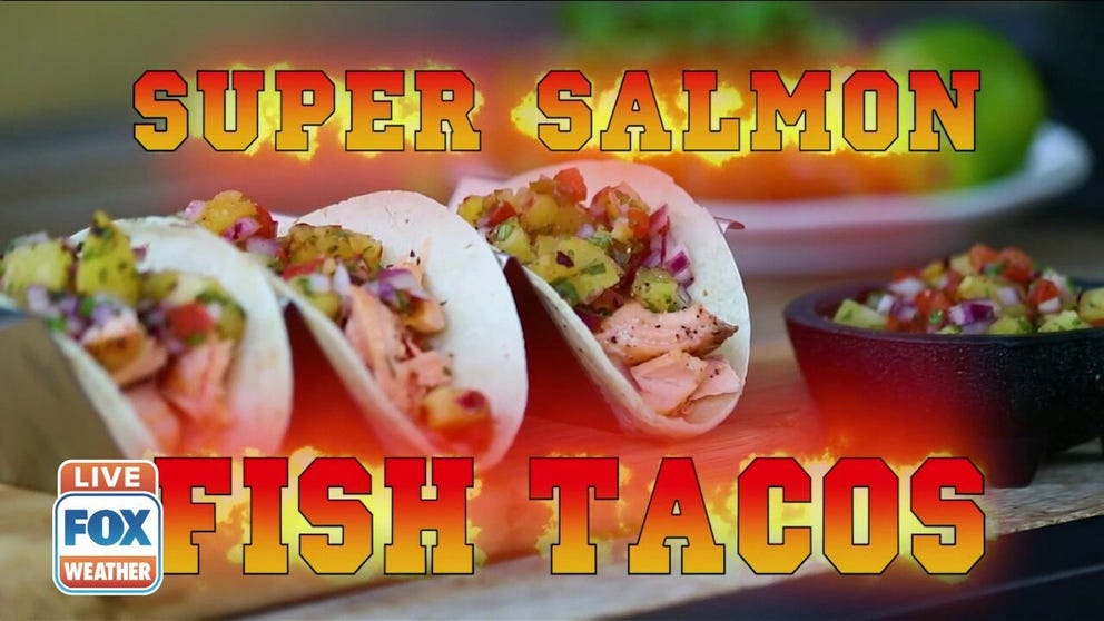 A great Seattle-themed recipe from Dr. BBQ – grilled salmon tacos with charred pineapple salsa. Give it a try at your football party.