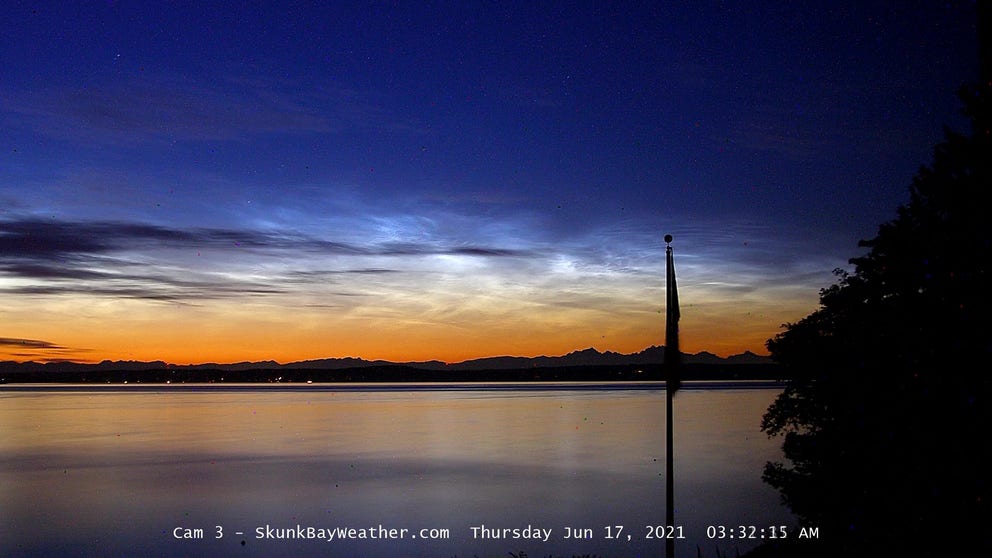 Noctilucent clouds come out in Hansville, Wash. in 2019. (Video courtesy: Greg Johnson / SkunkBayWeather.com)