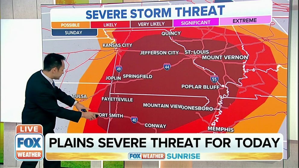 Severe thunderstorms, including strong tornadoes, are possible across areas of the central Unites States on Sunday.
