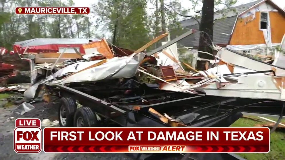 FOX Weather's Robert Ray is live in Mauriceville, Texas, after an apparent tornado on Oct. 27. Homes are destroyed as well as powerlines and trees down.