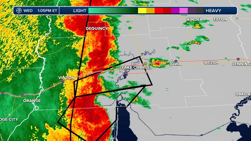 Radar of tornadic thunderstorms moving through the Lake Charles, LA area on Wednesday afternoon.