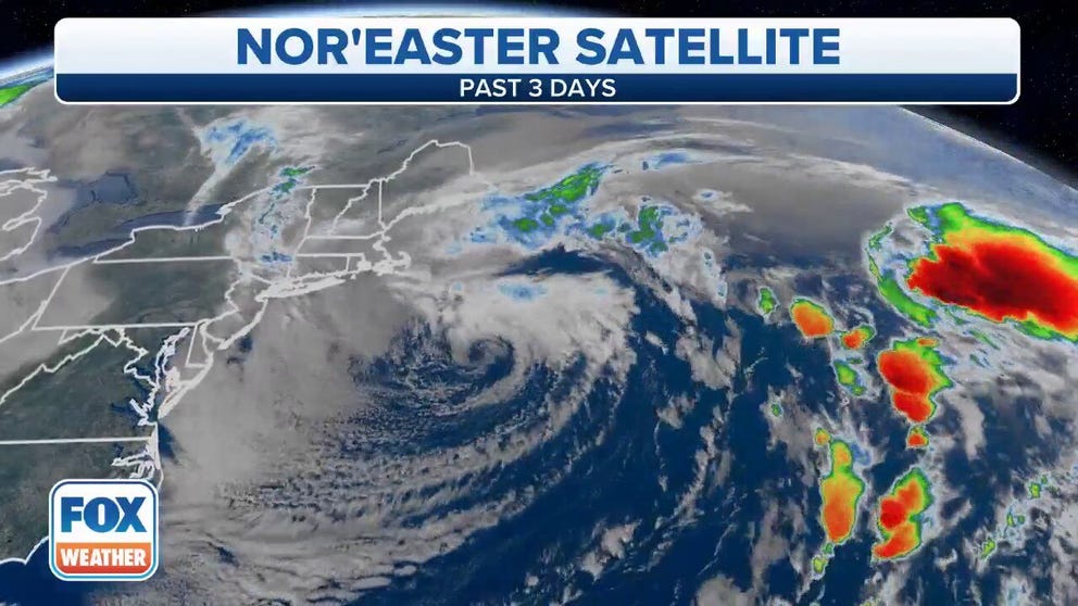 A satellite time-lapse shows the development of a powerful nor'easter that tore through the Northeast and New England on Wednesday.