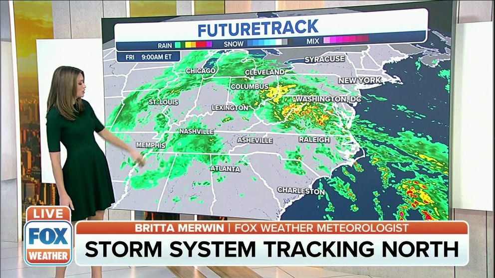 Large storm system brings heavy rain, coastal flooding and gusty winds from mid-Atlantic to Northeast. 