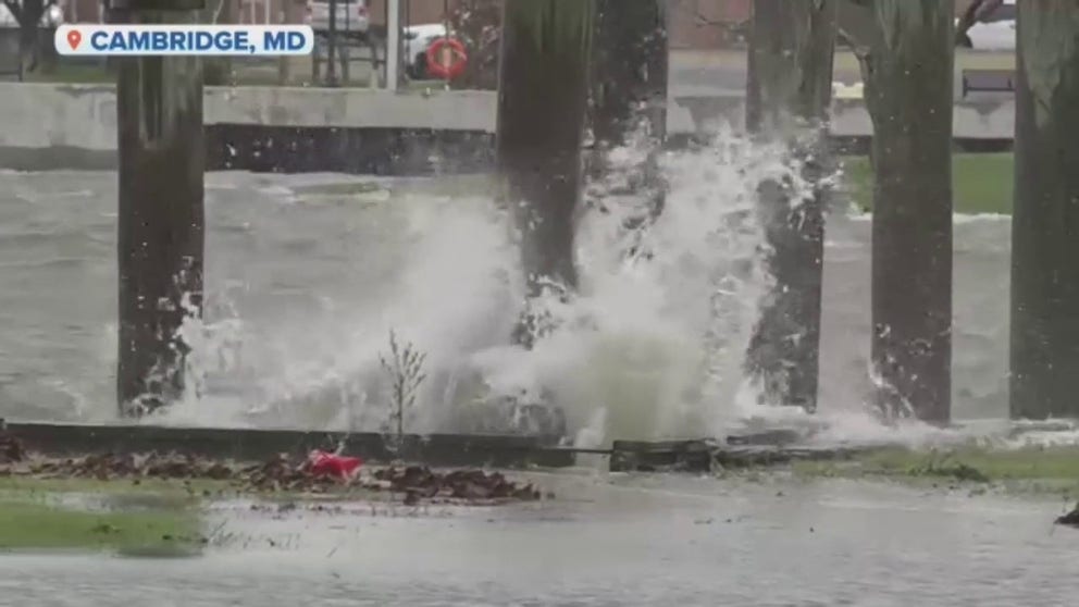 Winds of up to 60 miles an hour are expected to lash the Mid-Atlantic which is caught between a low pressure system in the Ohio Valley and a high pressure system over Quebec. The high winds will kick water back into the bays causing a high tide flood risk. FOX Weather’s Katie Bryne took this footage in Cambridge, Maryland, on the Chesapeake Bay.