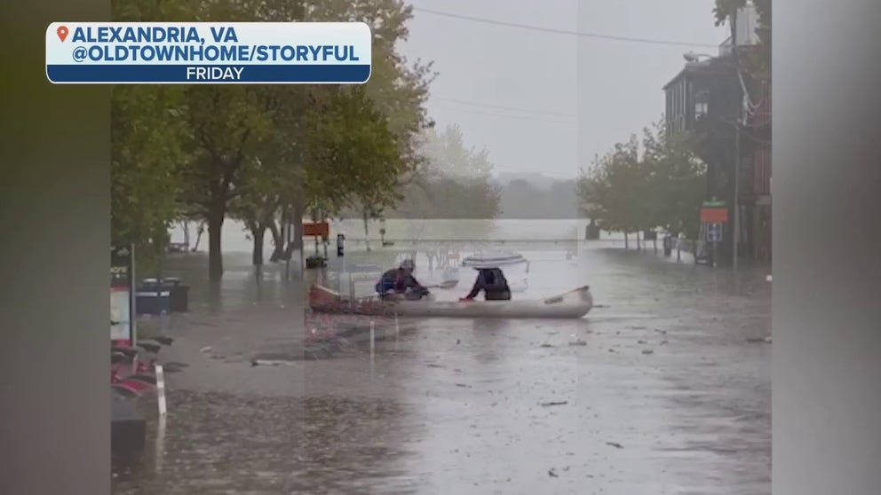 A storm system swept through parts of Virginia on Oct. 29, bringing widespread flooding to the region. This footage filmed by @oldtownhome shows a couple canoeing through deep floodwaters in Alexandria.