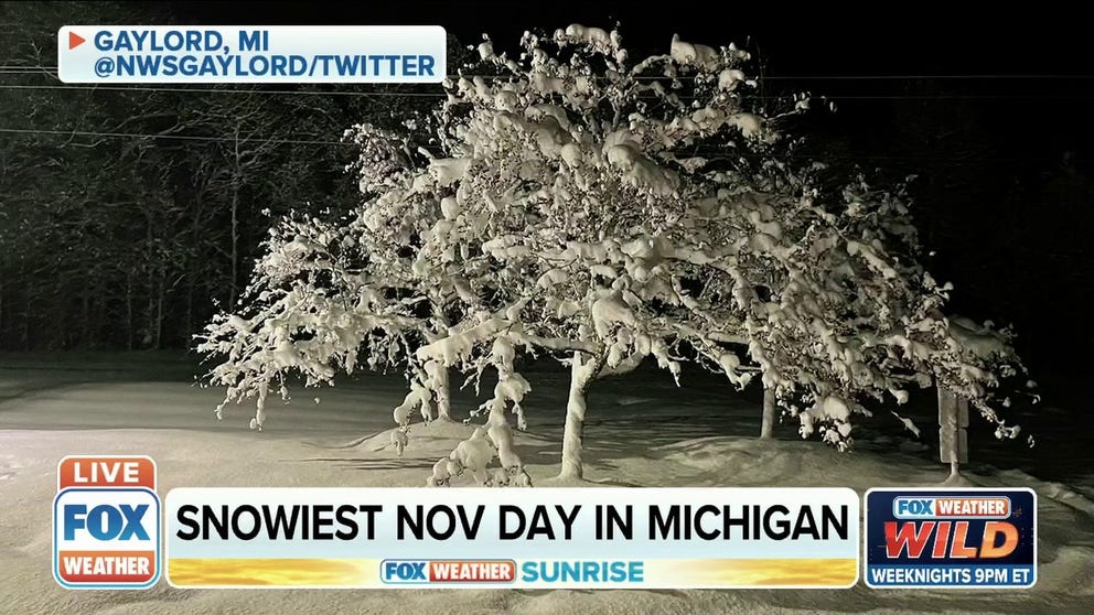 Gaylord, Michigan, sets new daily snowfall record Tuesday with close to 12 inches of snow. 