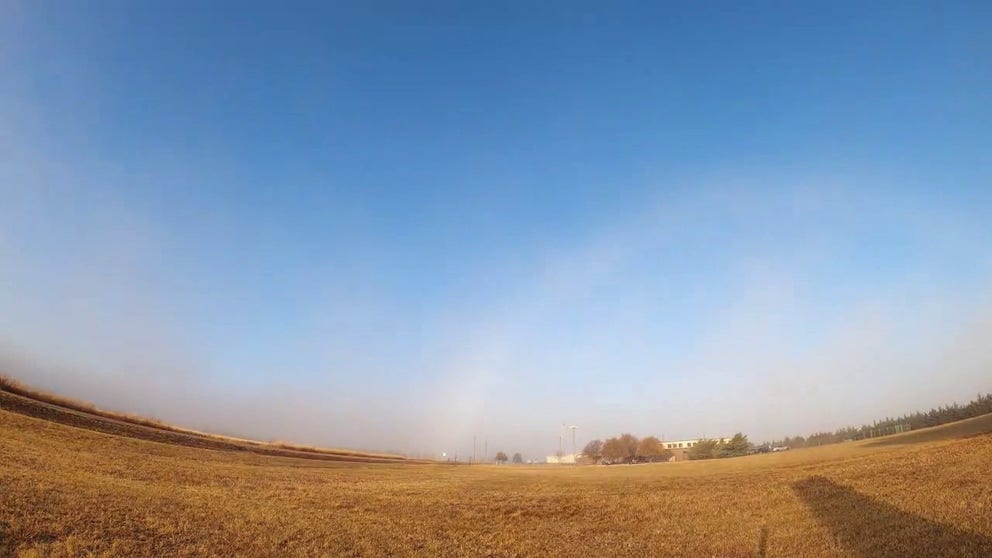 Dissipating fog on Nov. 3 gave rise to a fogbow, sometimes called a white rainbow, at the Nation Weather Service office in Goodland, Kansas, shortly after sunrise.