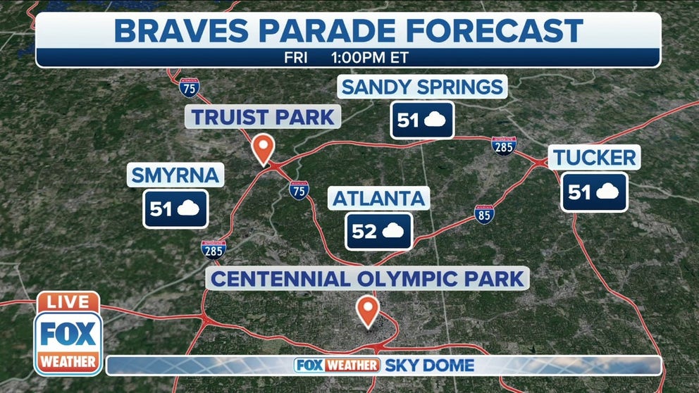 Temperatures will be in the low 50s for the Atlanta Braves World Series parade on Friday.  
