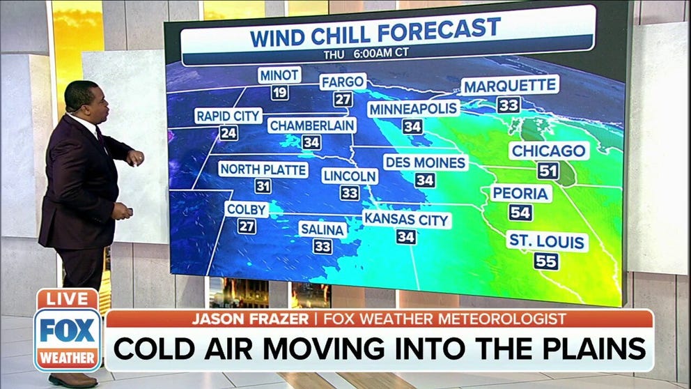 FOX Weather meteorologist Jason Frazer shows the cold air moving into the Plains. 