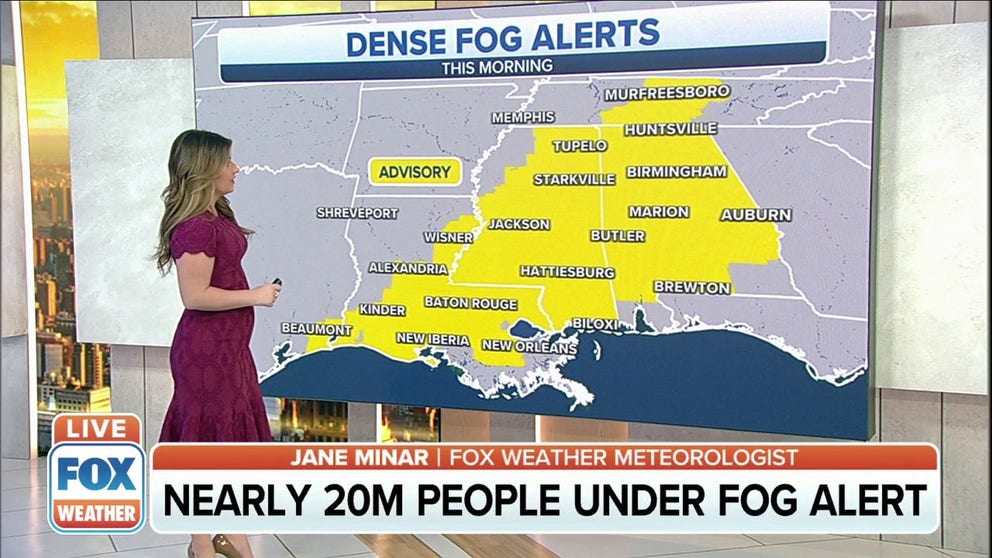 Nearly 20 million people are a under dense fog alert Friday morning in the Deep South. 