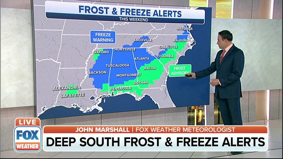 Frost and freeze alerts have been issued across the Southeast as colder air dives into the region.