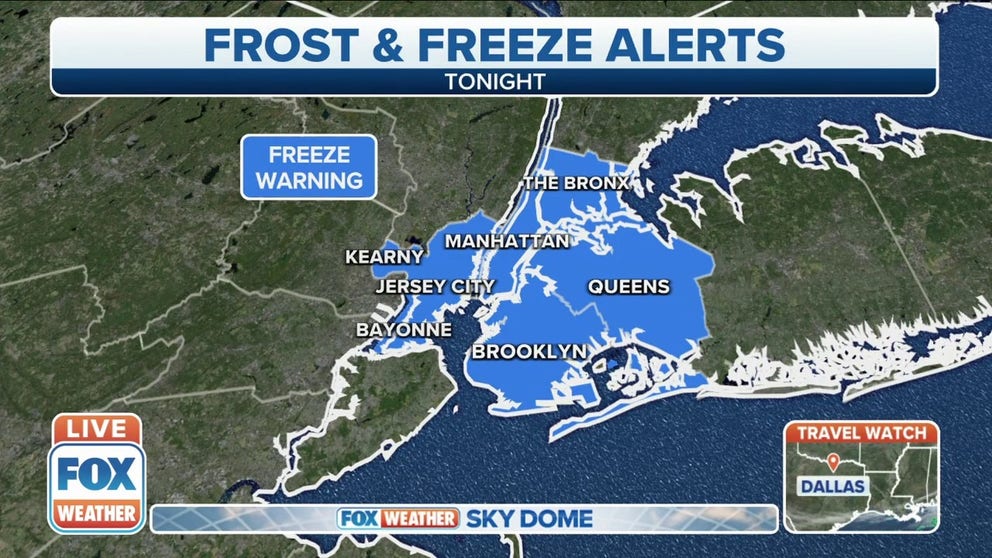 Freeze warnings were issued for the New York City area as temperatures are expected to drop during the day and overnight into Tuesday morning.