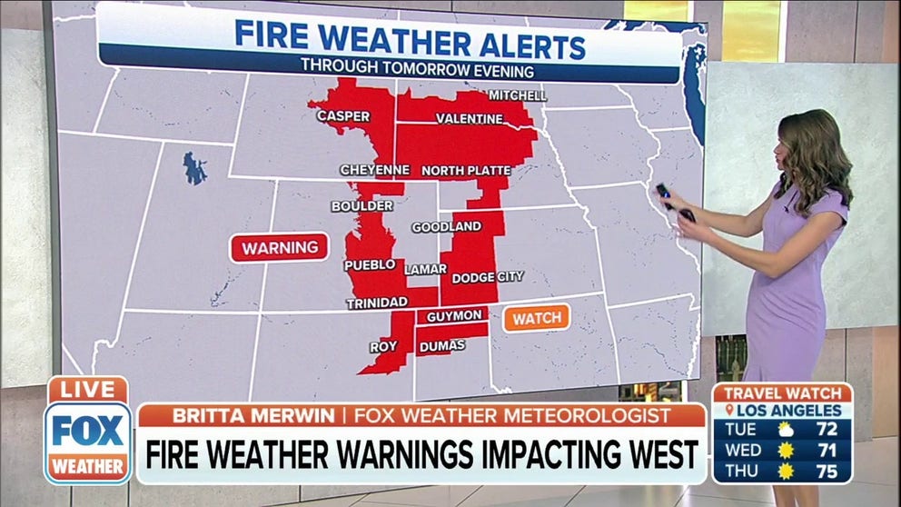 Fire Weather Warnings are up for parts of Nebraska, Wyoming, Colorado, and Kansas for Tuesday. Gusty winds and very dry air will create critical fire weather conditions during the afternoon.