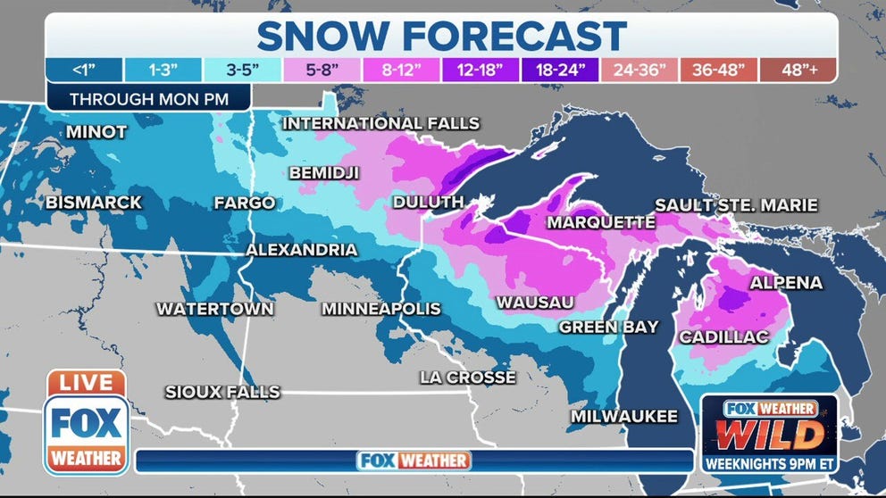 Some parts of the Upper Midwest and Upper Great Lakes could pick up more than a foot of snow through Monday.
