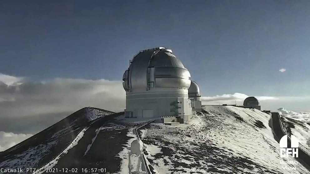 Snow around the Canada-France-Hawaii Telescope in Mauna Kea, Hawaii