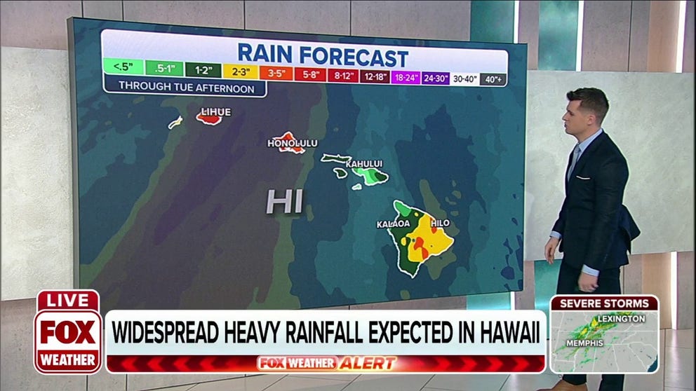 Widespread heavy rainfall is expected in Hawaii on Monday with blizzard conditions. 