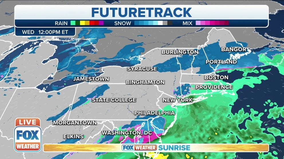 The first snow of the season is ahead for many in the Northeast, including Boston and Washington, as a new storm system moves up the East Coast on Wednesday.