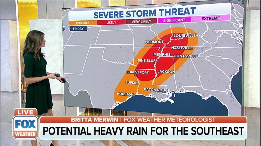 Severe thunderstorms could threaten the Mississippi, Tennessee and Ohio valleys Friday into Friday night. 