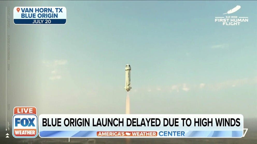 Blue Origin announced it would delay its human spaceflight launch with six people to Saturday due to weather around the West Texas launch site.