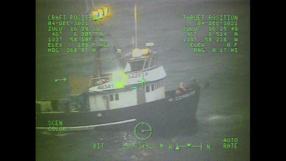 A Coast Guard Station Cape Disappointment crew responds to a disabled commercial fishing vessel approximately one mile off Seaside, OR, Saturday, Dec. 4. (U.S. Coast Guard Video)