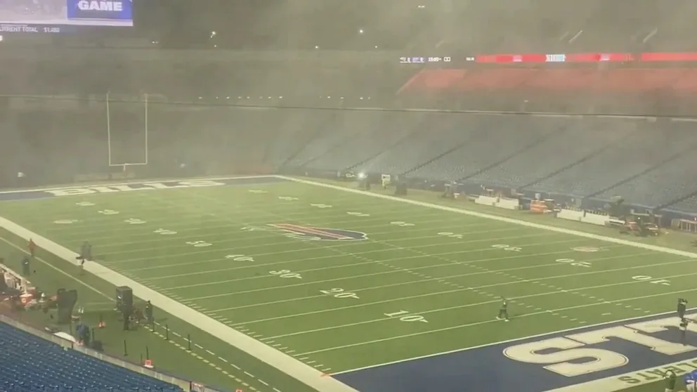 Wind and snow greeted fans and players at Monday Night Football in Buffalo, New York.