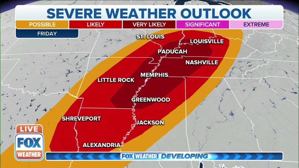 Severe thunderstorms capable of producing tornadoes and damaging winds are possible Friday across parts of the South and Ohio valley. 